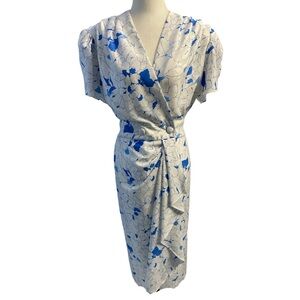 Vintage Floral Wrap Dress with Blue Accents Size Small See Measuments